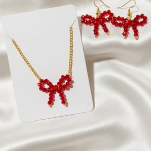 Handmade Beaded Bow Necklace & Earrings Set